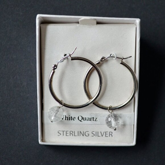 Sterling Silver White Quartz Hoop Earrings New - Picture 1 of 3